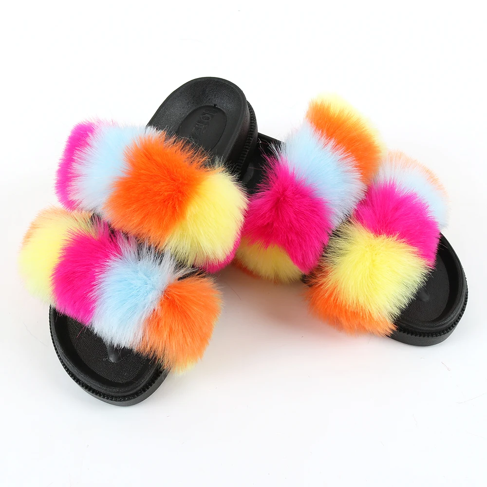 
Soft Fluffy Faux Fox Fur Sandals Kids Slides Pink Women Girls Baby Fur Slippers Fur Sandals 