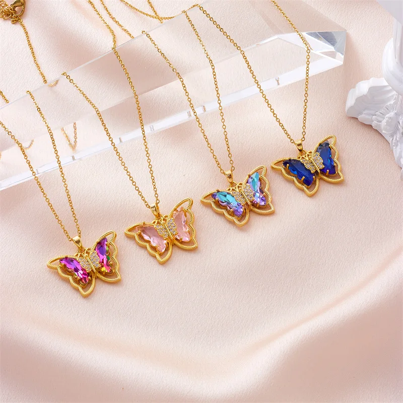 Fashion Brass Gold Plated Colorful Crystal Butterfly Shape Charm Pendant Necklace Jewelry For Women Girls