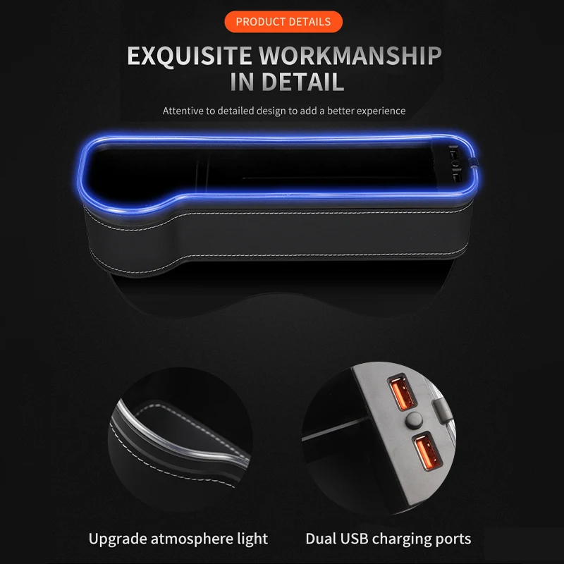 Relyus Universal Car Console Seat Storage Box Cup Holder 7 Colors Led Light Car Seat Gap Filler Organizer With Usb Fast Ch