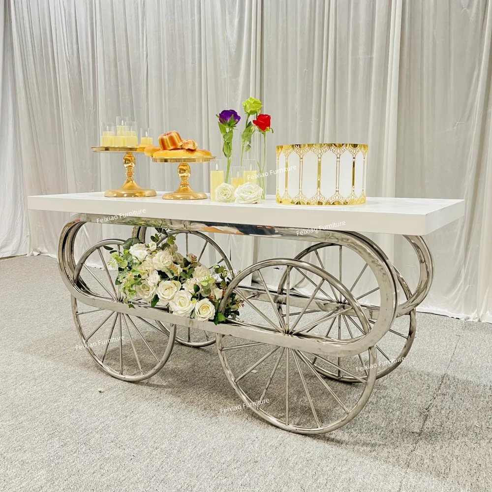 2022 New Design Wedding Party Furniture MDF Top Silver Stainless Steel Center Cake Table with Removable Car Wheels