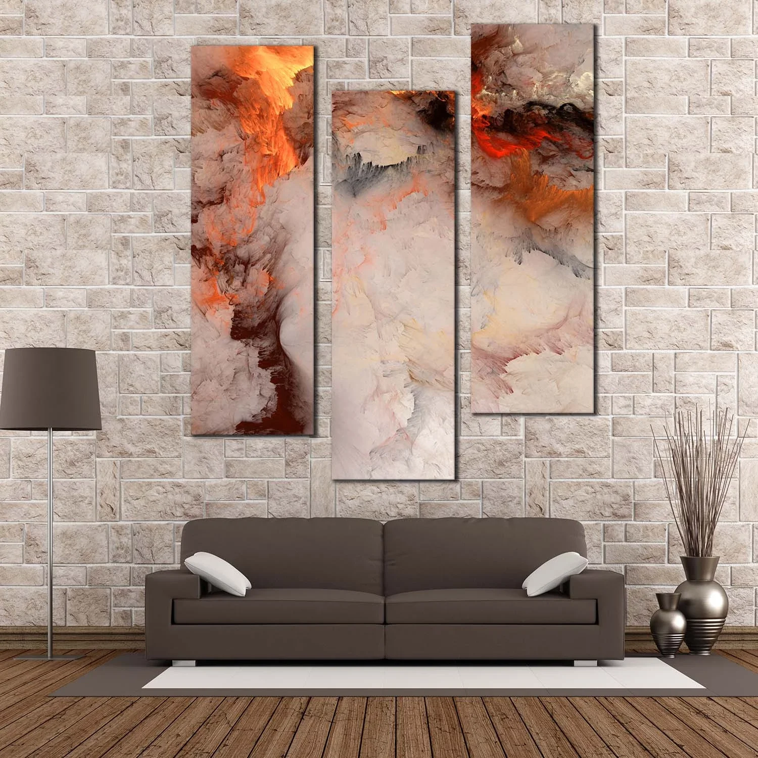 Modern Abstract Canvas Wall Art, Orange White Smoke Texture Abstract 4 Piece Canvas Print, Embossed Fractal on Canvas Set