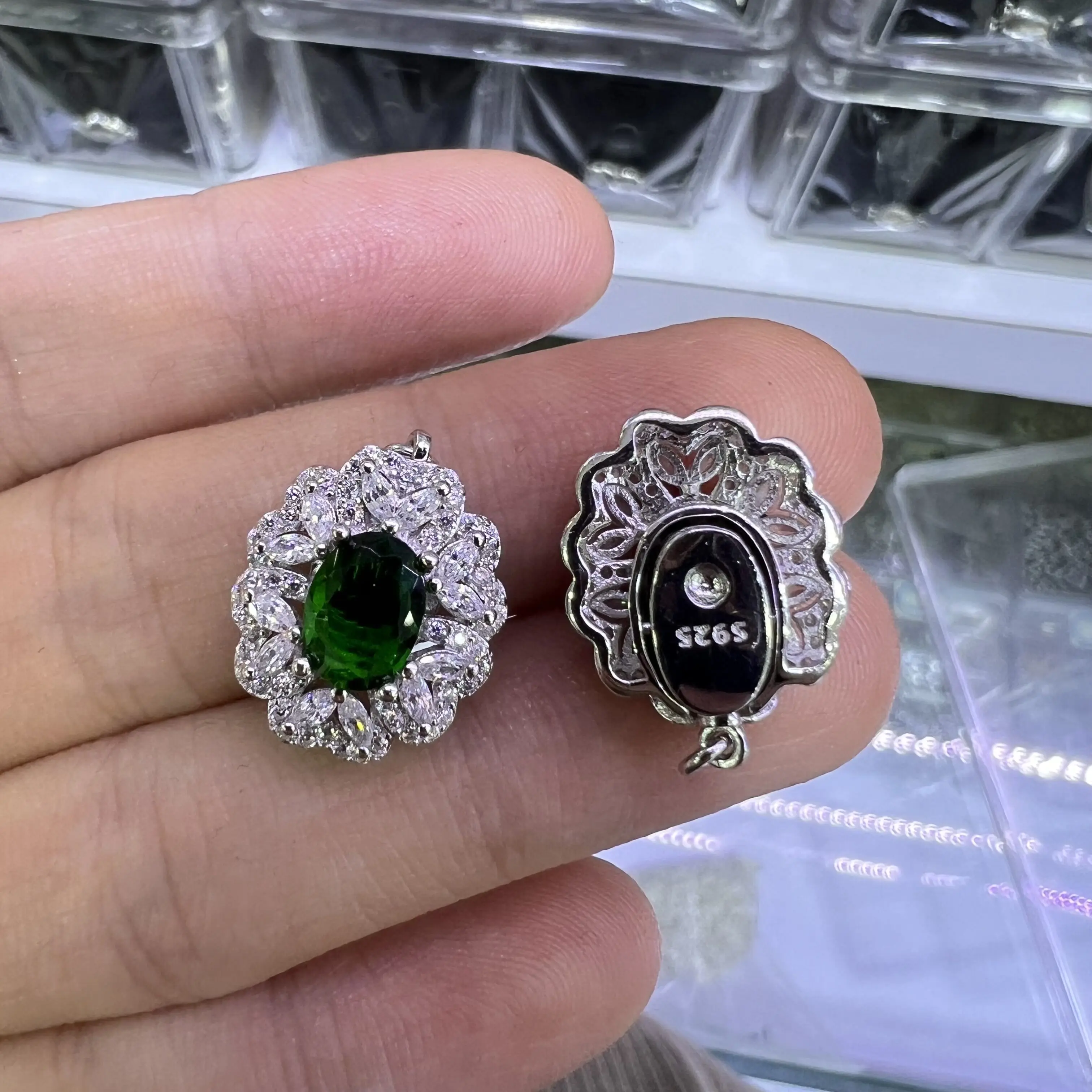 classy flower 925 sterling silver pearl clasps luxury necklace button fashion green zircon big vintage clasp jewelry connector