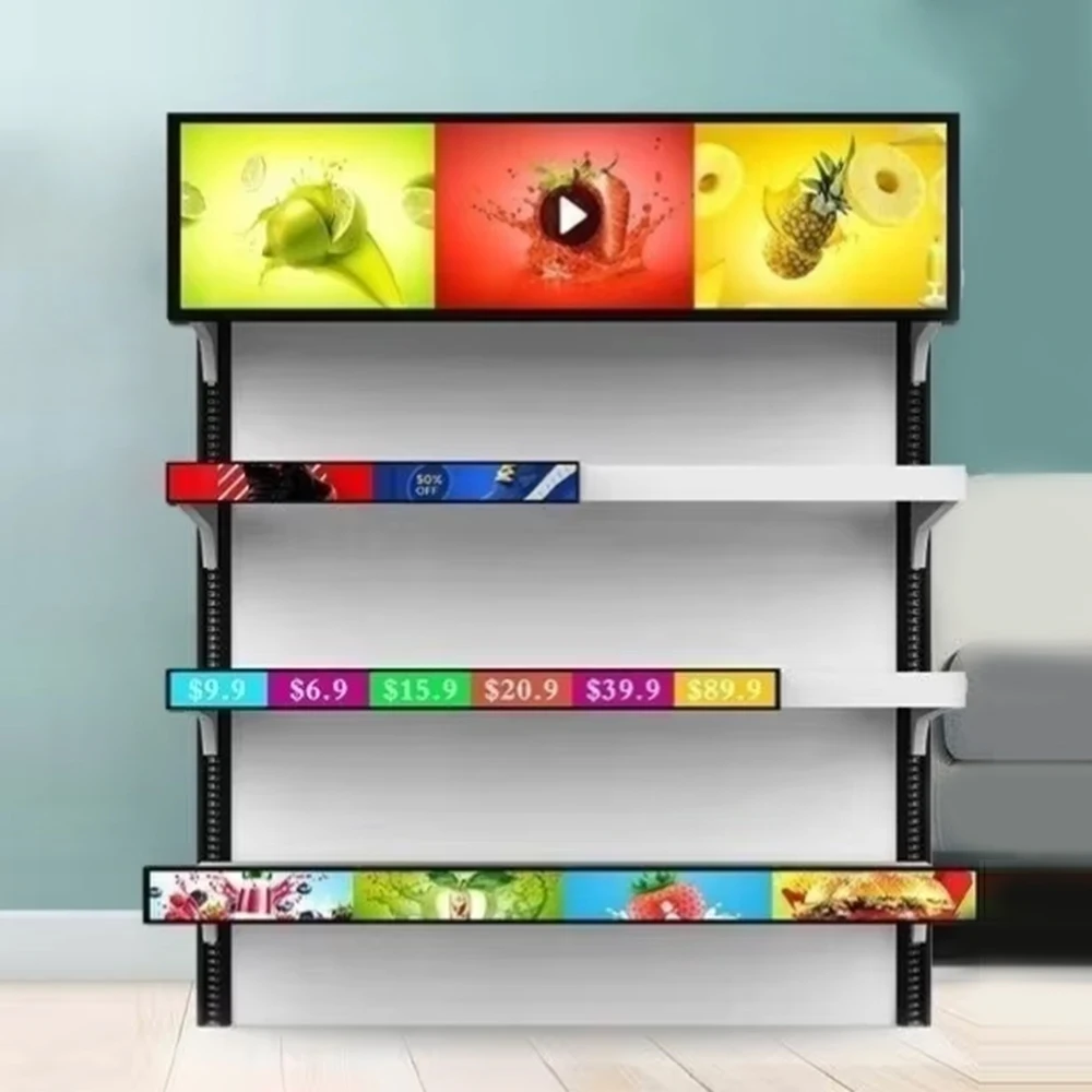 P1.25 P1.8 P0.7Cob Custom Size Supermarket Indoor Advertising Media Player Strip Ultra Wide Shelf Screen Stretch Bar Led Display