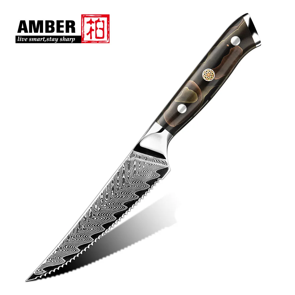 Amber VG10 damascus steel 4pcs set of steak knives with Brass Mesh Resin Handle
