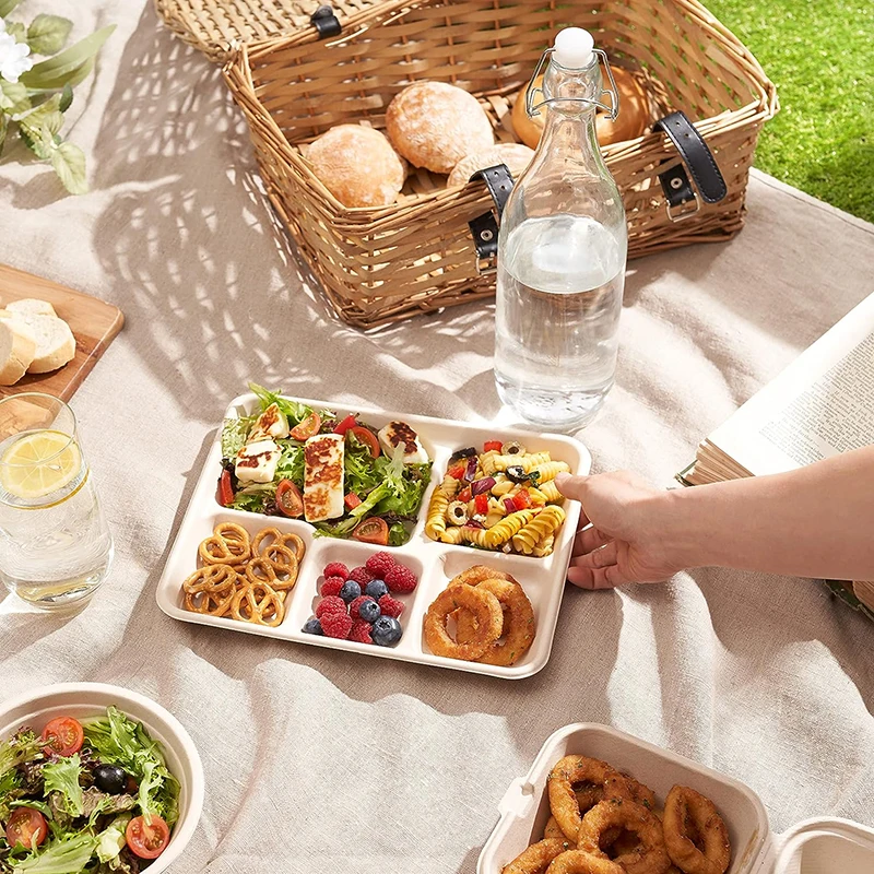 Heepack Biodegradable Pulp Tableware Food Packaging Plates Disposable 5-compartment Sugarcane White Bagasse Tray