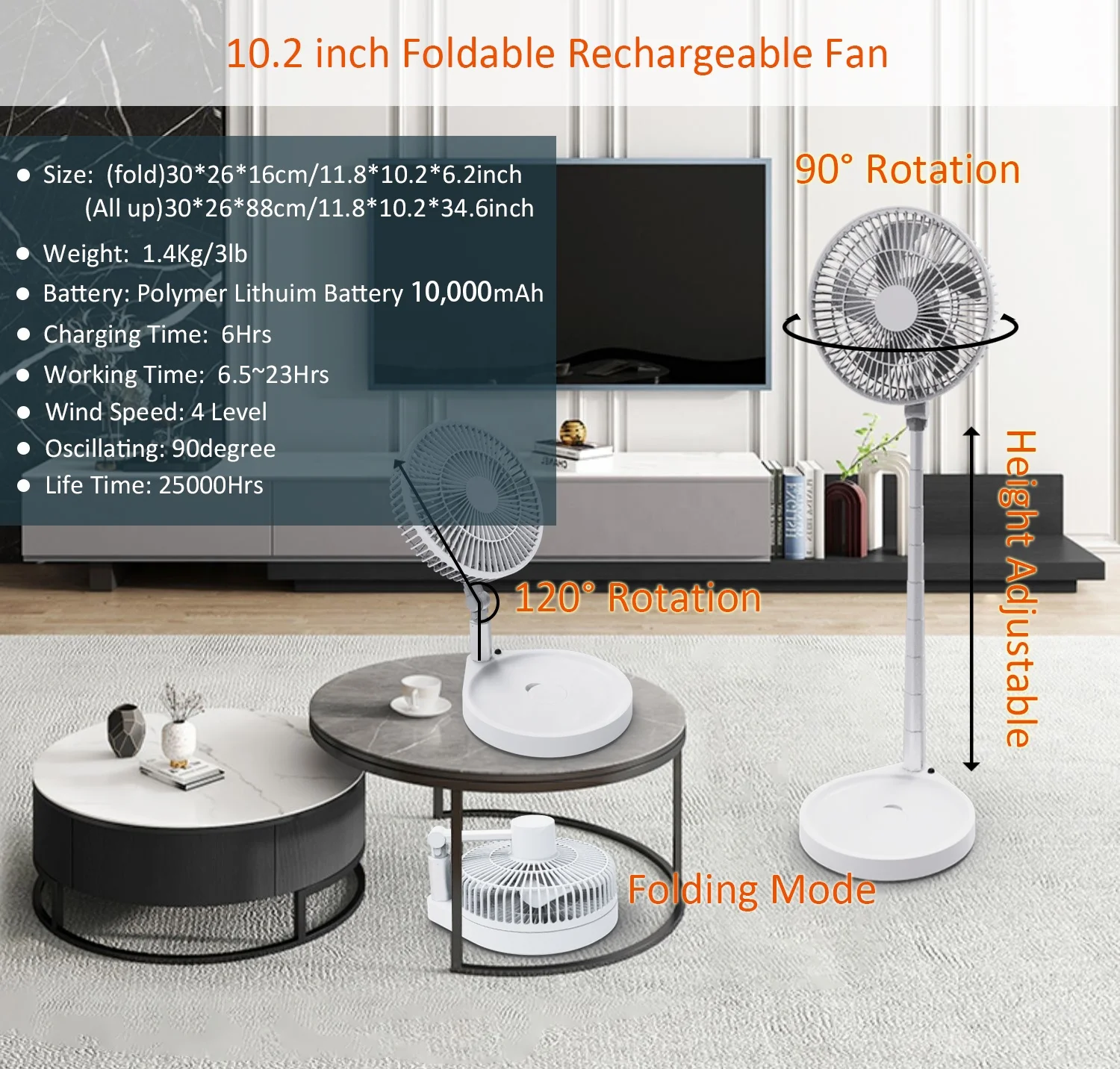 New Rechargeable Oscillating Pedestal Floor Fan Telescopic Folding Control Electronic Adjustable Folding Fan