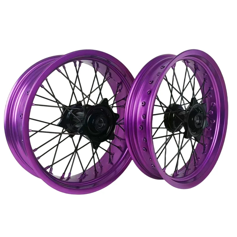 High quality Supermoto wheels off-road motorcycle with purple rims and black hubs 16 17 inch 7075 Aluminum Alloy