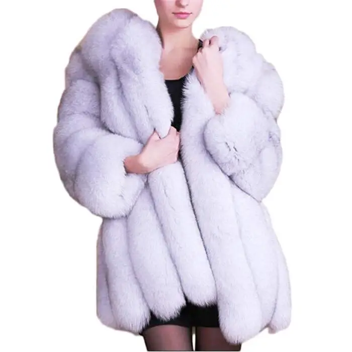 2022 High Quality Winter Women Jacket Warm Soft Faux Fox Fur Coat White Fur Coat