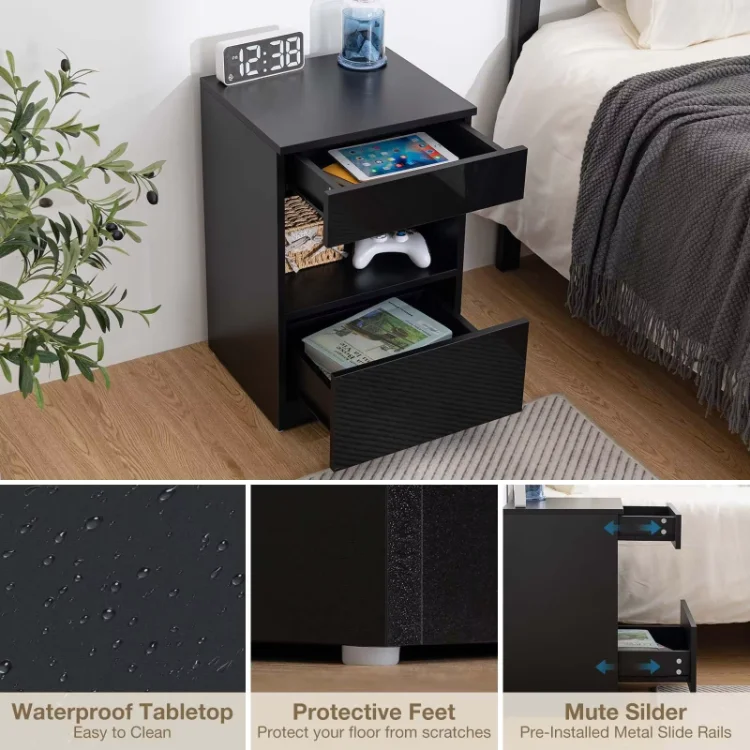 Wholesale Furniture Supplier Cheap Bedside Table 2 Drawers Tables Wooden Black Modern End Side Fluted Nightstand