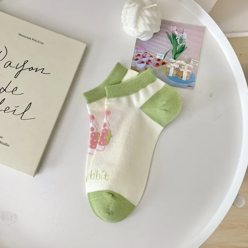 Green socks female spring summer  cute sweet strawberry boat socks