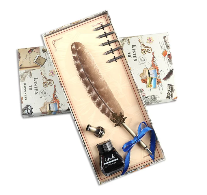Real Natrual Vintage Craft Quill Calligraphy Feather Fountain Pen for Write Signature Gift Wedding Bridal Shower Party Supply