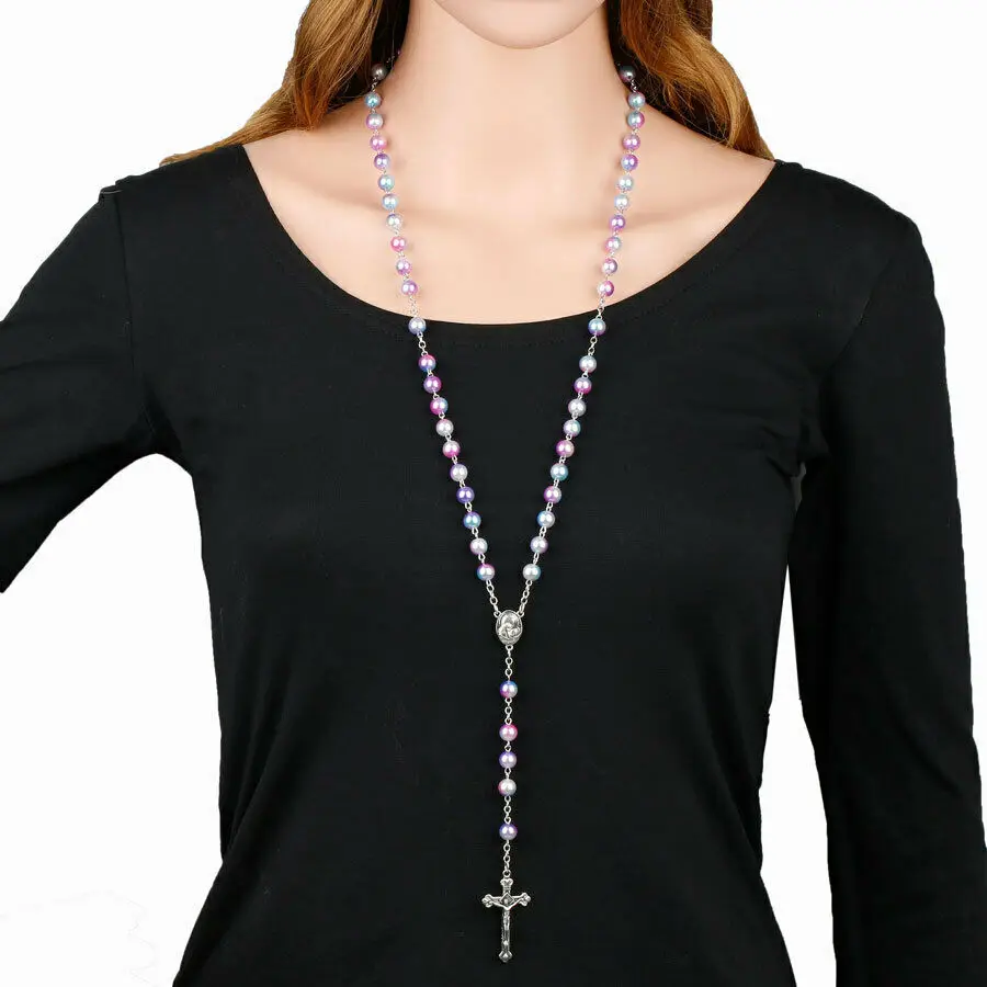 Rosary Pearl Beads Catholic Necklace Crucifix Pendant Necklace Jewelry First Holy Communion Gift