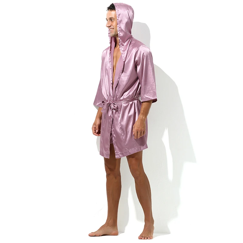 Hot Selling Men Summer Bathrobe Male Silk Short Sleeve Bath Robe Sexy Mens Dressing Gown Bathrobes(No shorts)