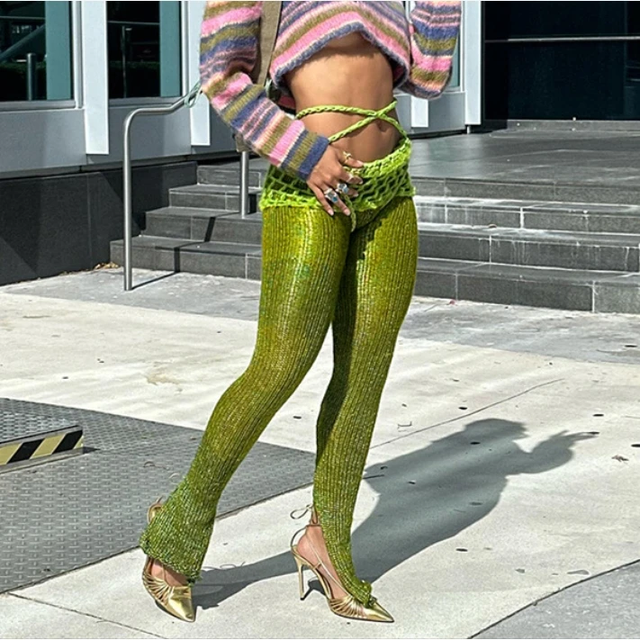X15597C Thin Knit Skirt Pants Women Y2K Chic Devise Sexy Cross Bandage Stretch Tight Solid Wild Streetwear Trousers Bottoms