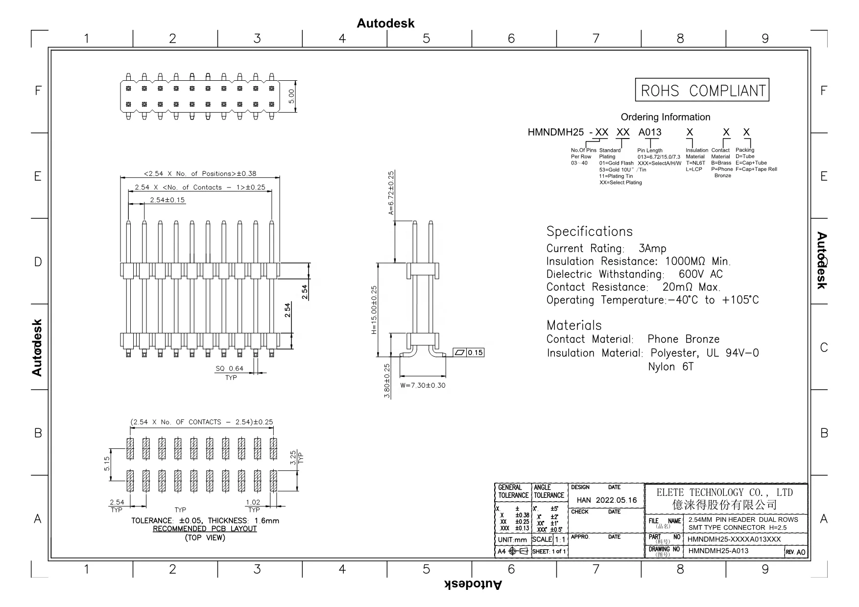 Pin header 2.54mm male header conector, SMT Type, FCI 54242