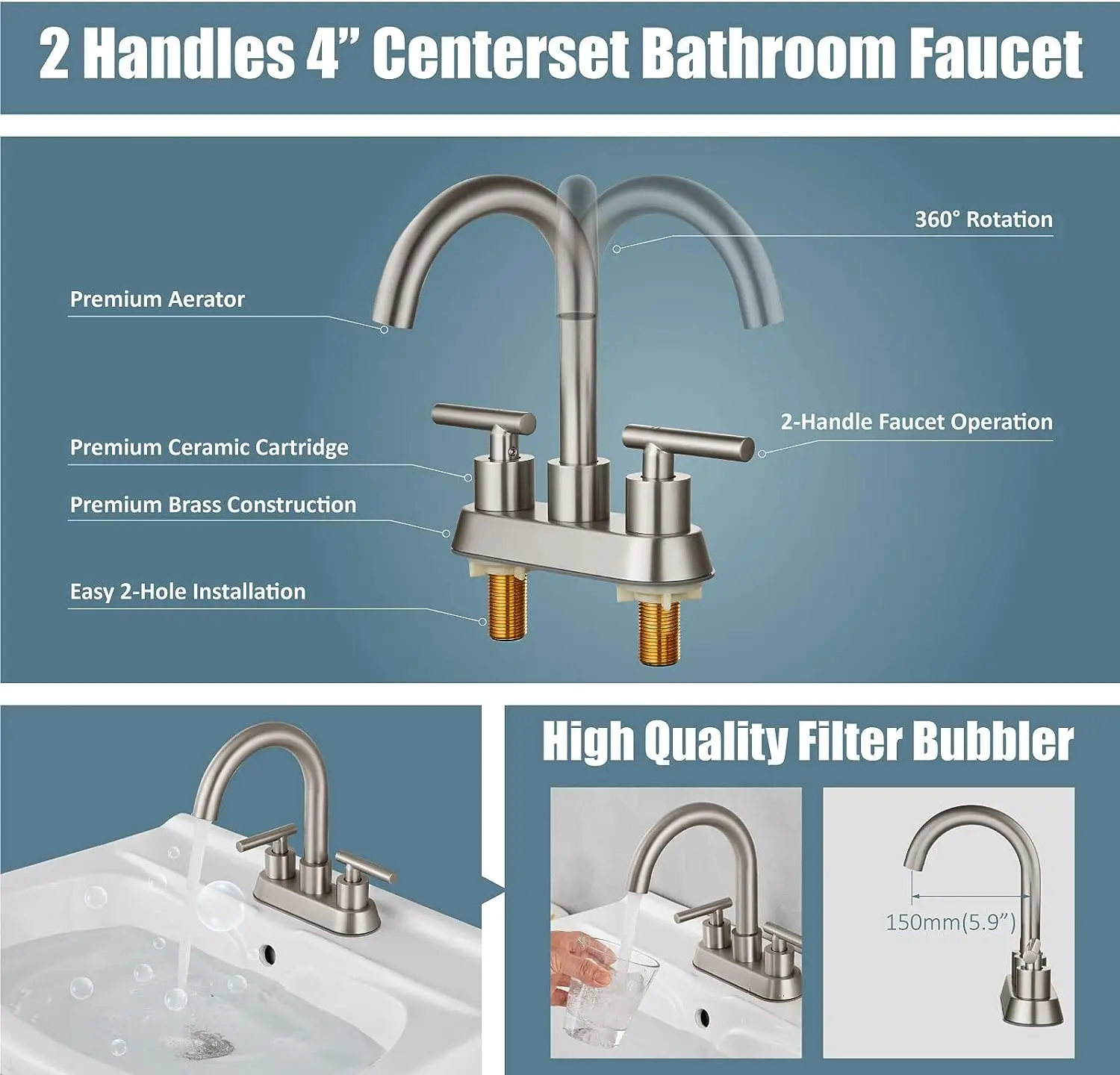 Two Holes Three Holes Brushed Gold Stainless Steel Double Handle Centerset Bathroom Faucet Basin Mixer Tap