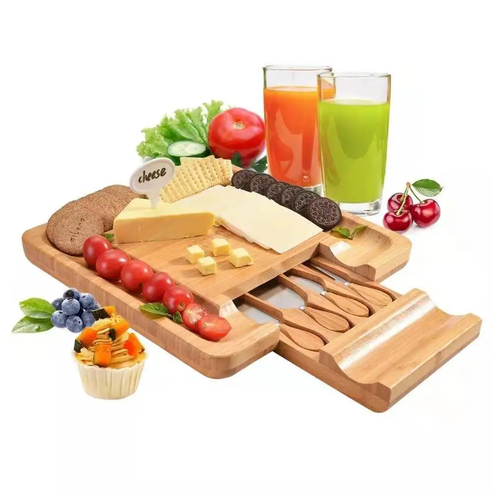 Creative Finishing Bamboo Cutting Board Field Camping Portable Drawer Cheese Board Set with Knife Wooden Bread Pizza Board