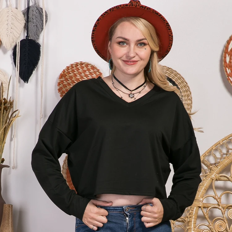 Новое поступление, женская футболка большого размера, однотонный укороченный топ с V-образным вырезом