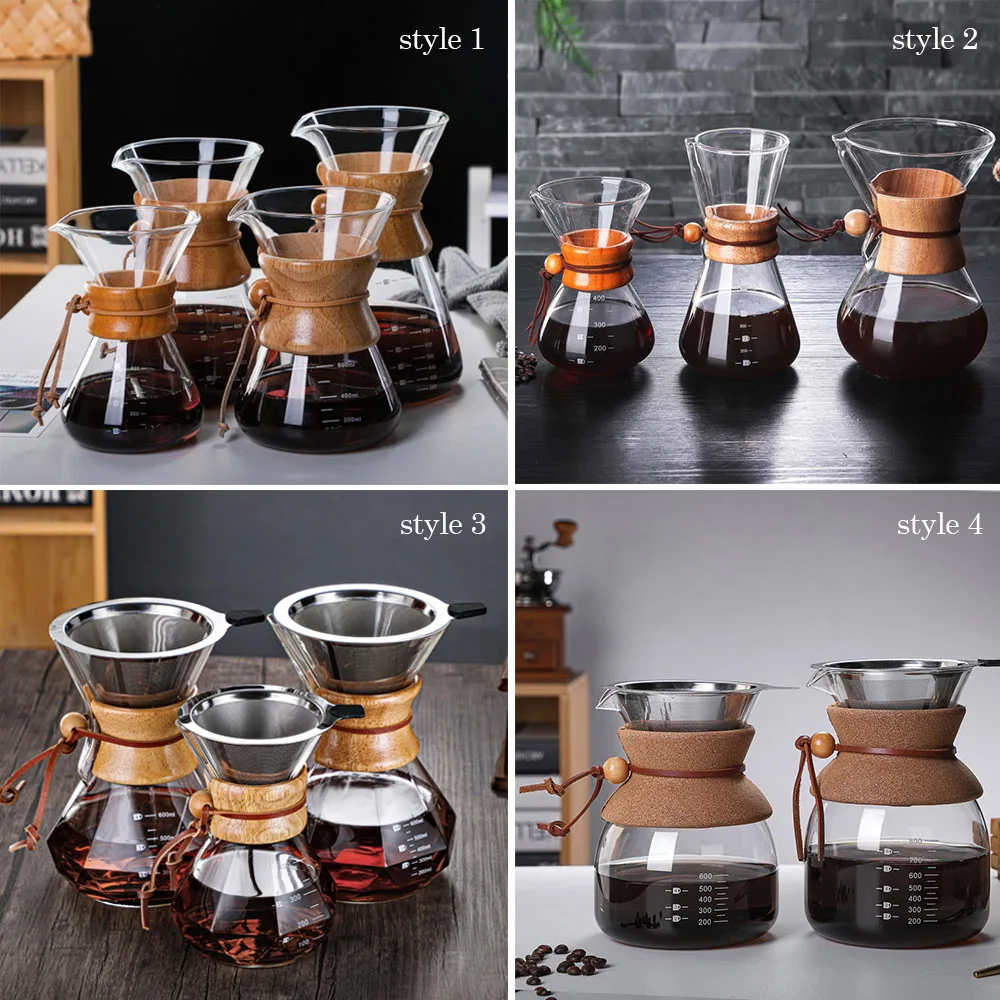 Pour over coffee maker borosilicate glass server portable pot kettle with permanent stainless steel filter for travel camping