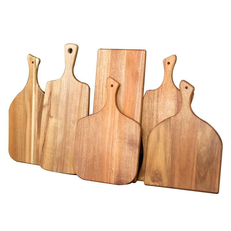 Manufacture creative design acacia wood chopping board bread cutting board with handle from Fujian factory