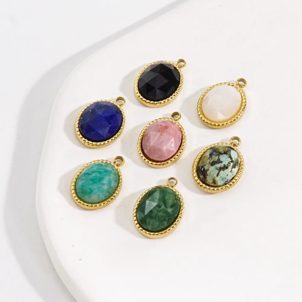 10.5*15mm Healing Natural Stone Pendant Stainless Steel 14K Gold Vacuum Plated Oval Pendants & Charms DIY Jewelry Making