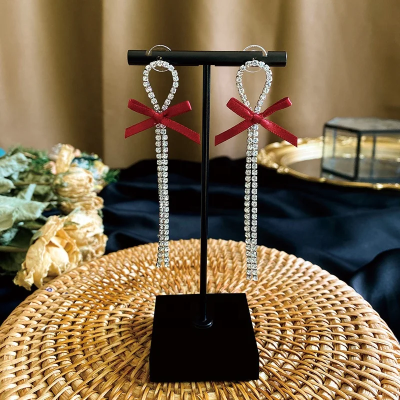 Women Girls Wedding Bride Hair Accessories Red Velvet Bow Clip Rhinestone Chain Tassel Hair Bows