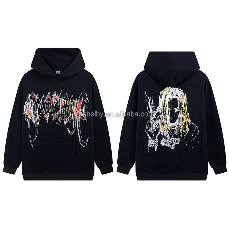 100% cotton heavyweight plus velvet high quality revenge round neck gangster print retro street fashion hoodie couple unisex