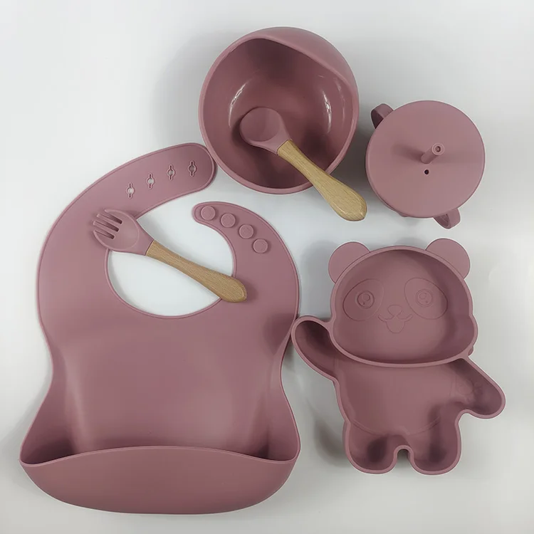 Wholesale Soft Silicone Dinnerware Non-Toxic Strong Suction Bowl Spoon And Bib Bear Plates 6 Pcs Bpa Free Baby Feeding Set