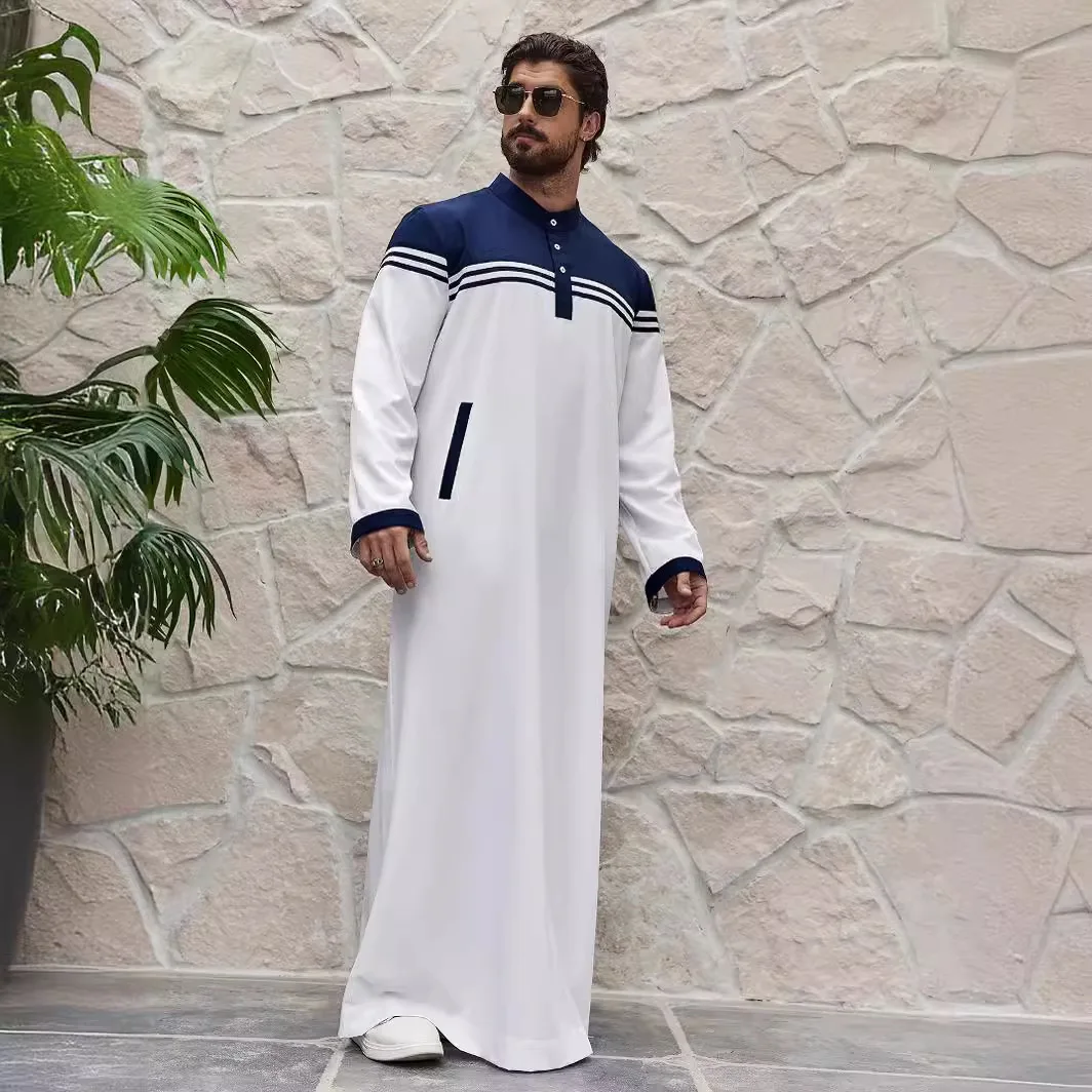 Middle east dubai turkish muslim preppy style men contrast color patch work shirt robe thobe
