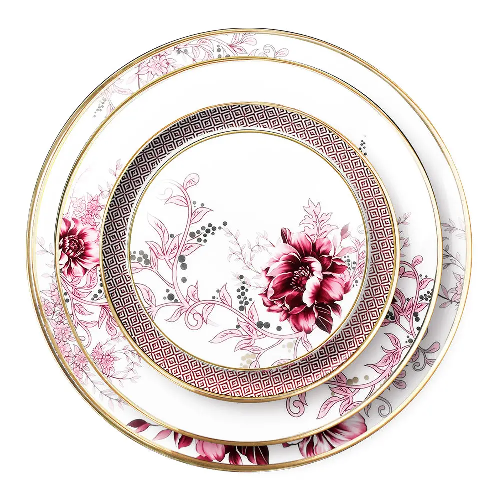 Burgundy Peony Ceramic Dinner Tableware Set Restaurant Crockery Hotelware Events Wedding Gifts Hand Engraved Sustainable