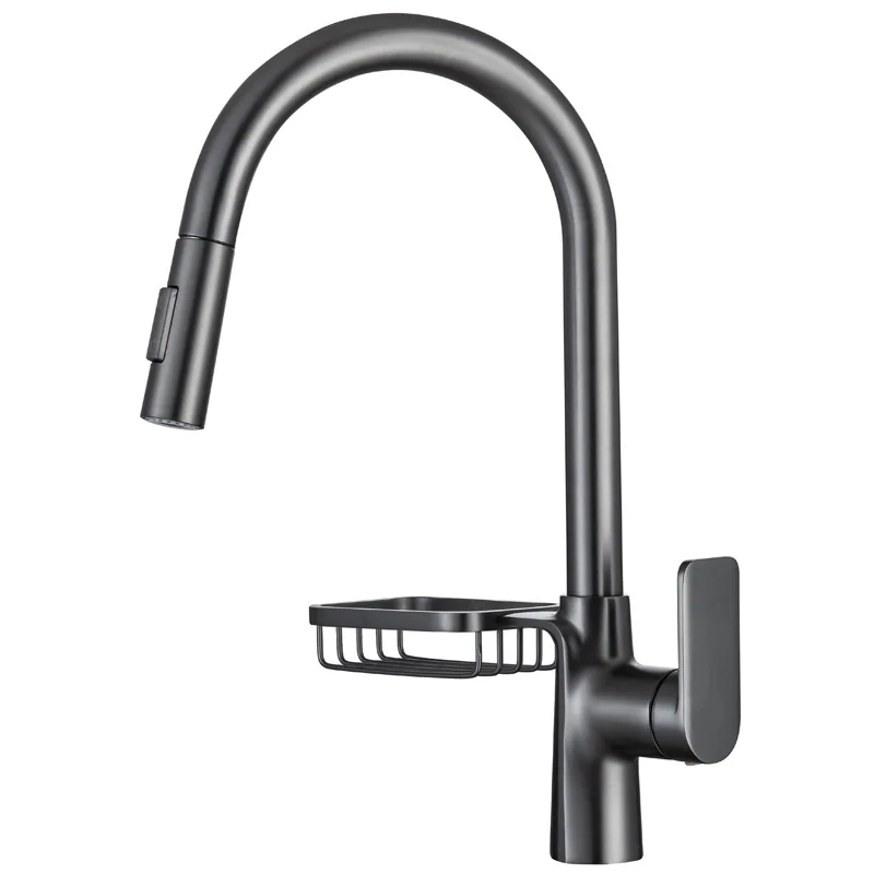 New kitchen brass faucet with splash proof water washing black sink rotatable hot and cold pull-out kitchen faucet