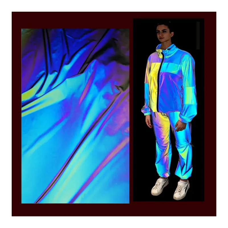 eco friendly washable lightweight polyester rainbow iridescent color fashionable reflective jacket fabric material for clothing