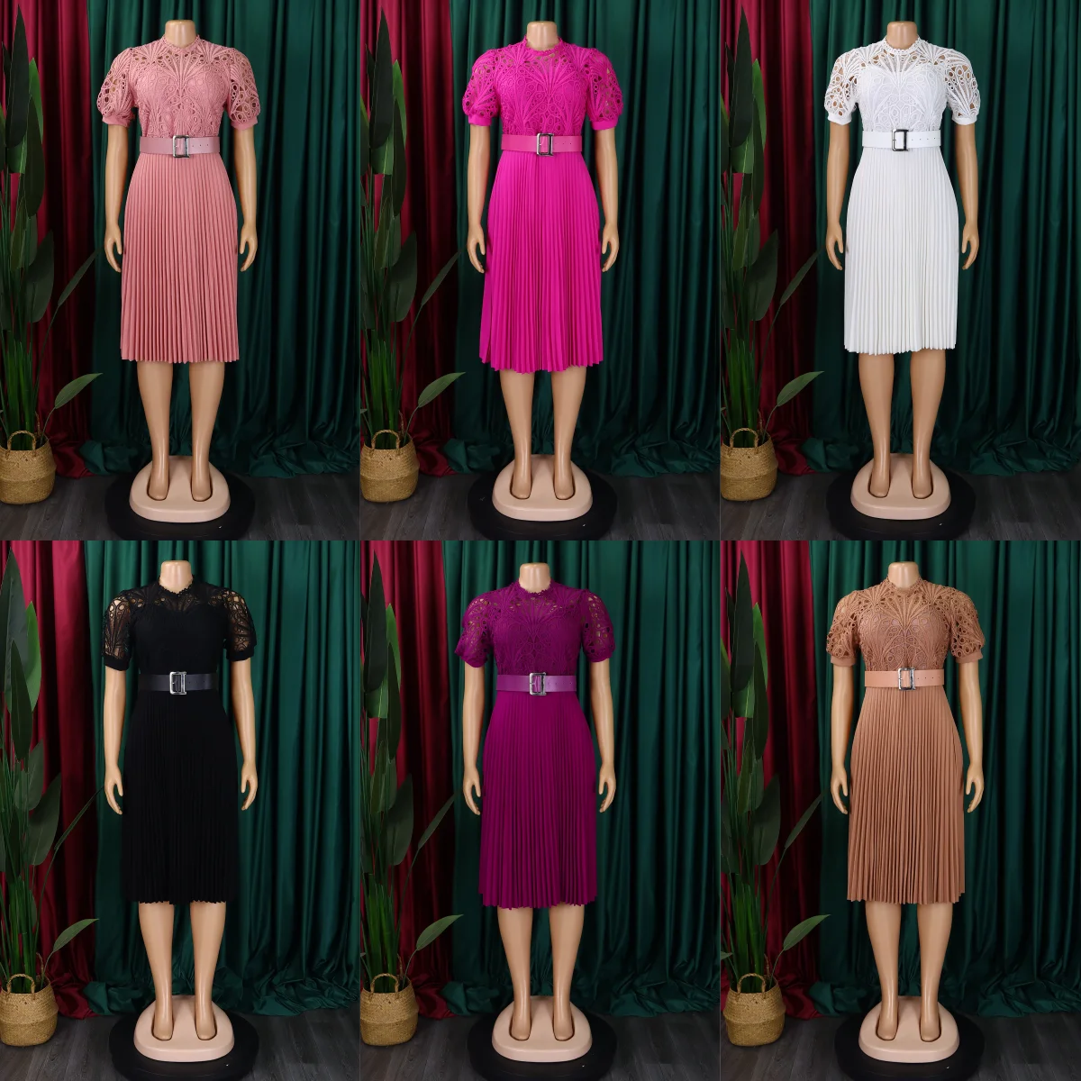 D499 Latest Design Ladies Spring Dress Temperament Solid Lace Dresses Women Hook Flower Hollow Out Pleated Dress