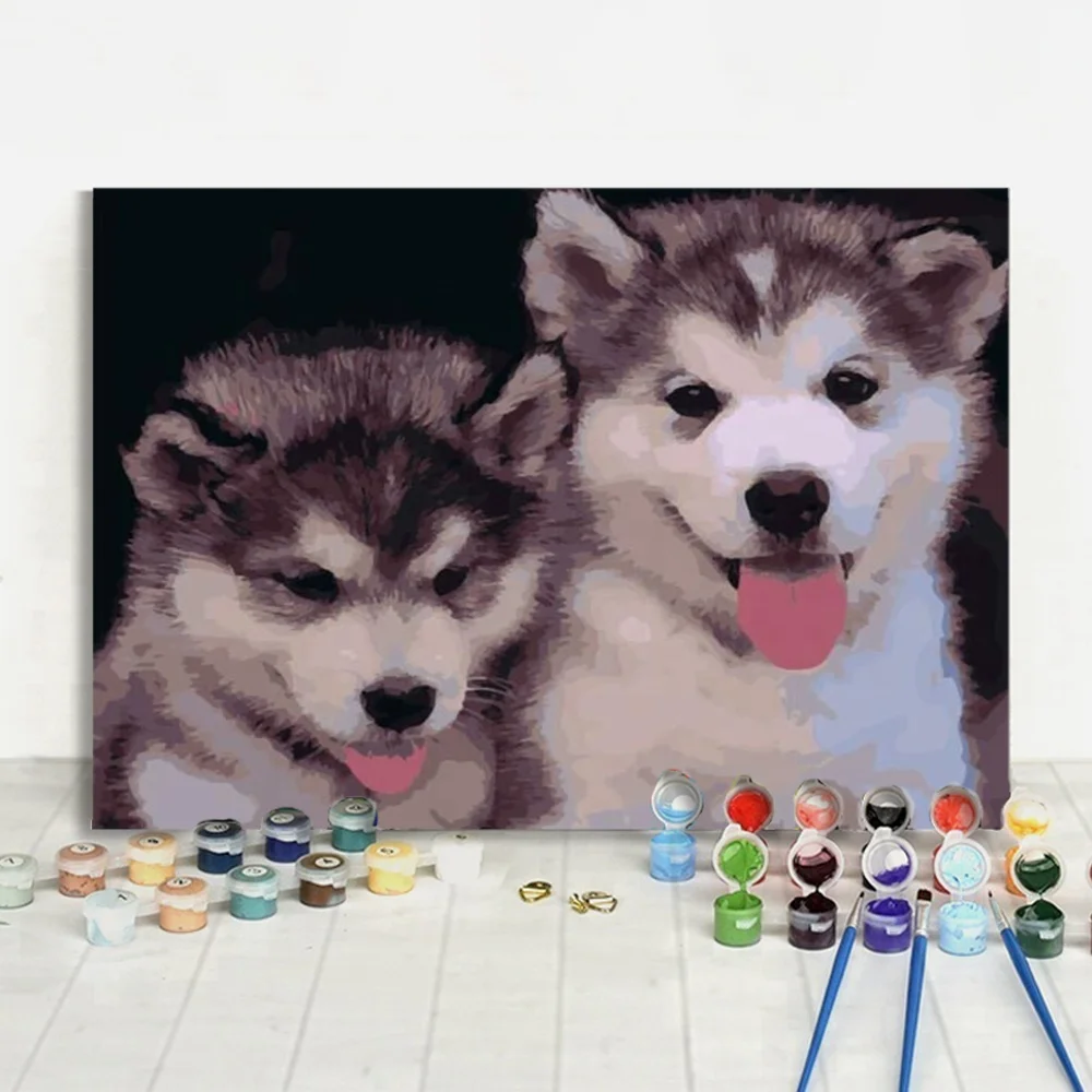 Two Cute Husky Puppies Sticking Out Tongues Animals DIY Acrylic Painting By Number