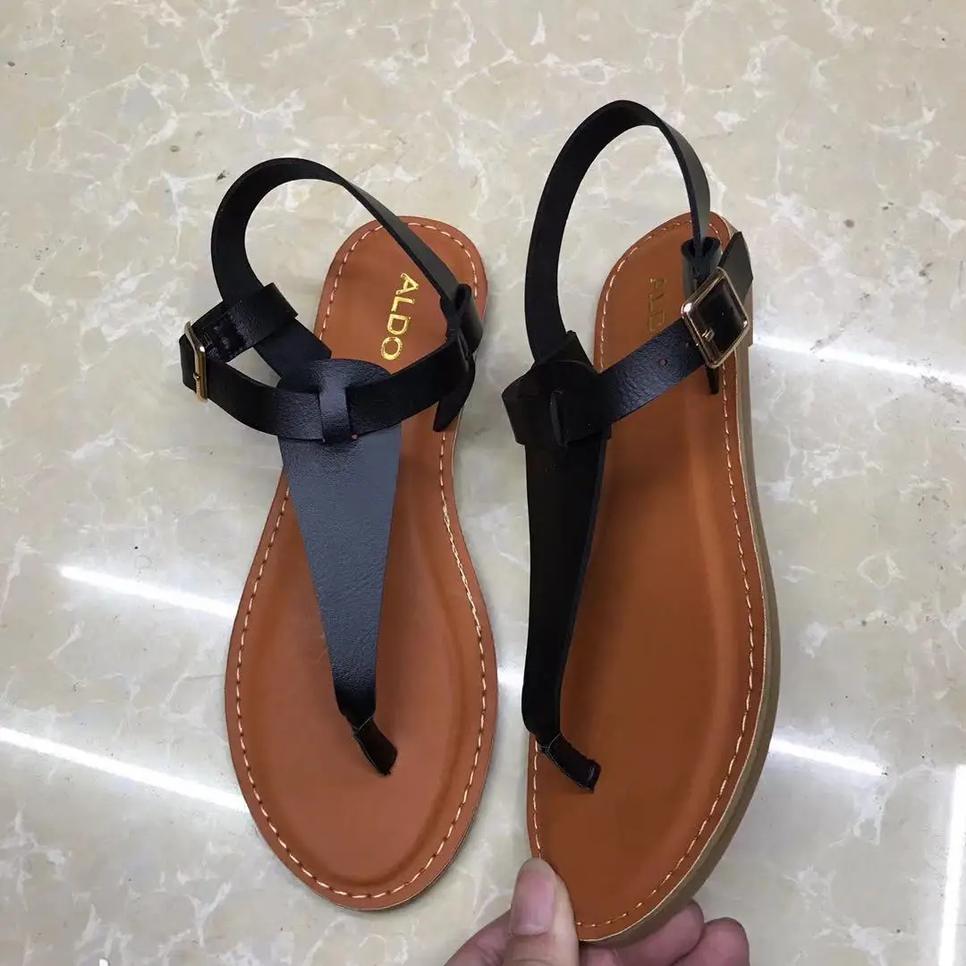 Yongge Beach Leather Slippers Women Sandals Flat T-strap Sandals