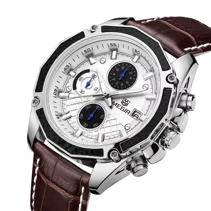 MEGIR 2015 Men Quartz Watch Leather Strap Analog Chronograph Calendar Wrist Watch Sport Men Wristwatch
