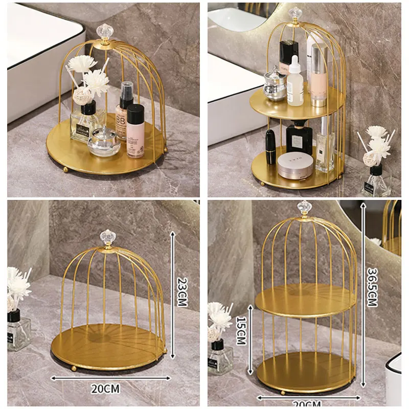 Golden Bird Cage Iron Art Nordic Lipstick Perfume Skin Care Metal Product Finishing Table Cosmetic Storage Rack