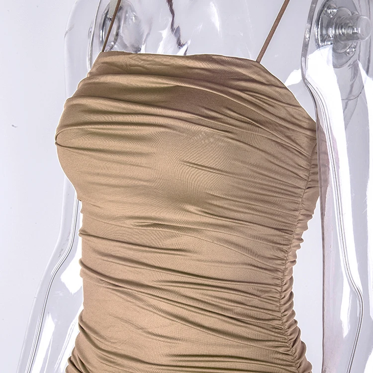 2 Layers Pleated Dress Solid Color Spaghetti Strap Slash Neck Elegant Dresses Women Evening Club Dresses Sexy