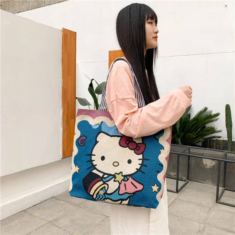 Customized Factory Sale Cotton One Shoulder Shopping Bag Women HelloKatty Cute Print Handbag Beach Bag