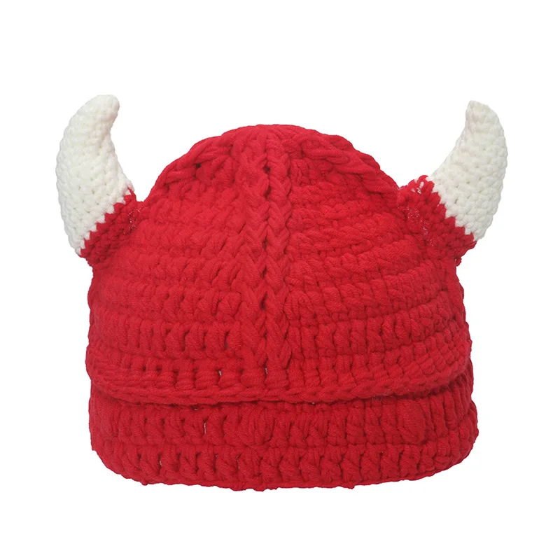 Custom Handmade Crochet Knitted Devil Horn Viking Beanie Hat with Bull Horns for Football Fan Party