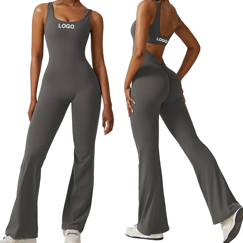 CLT8260 V Back Flare Jumpsuits for Women Built-in Bra Romper Full Length Unitard One Piece Jumpsuits Gym Wear Activewear