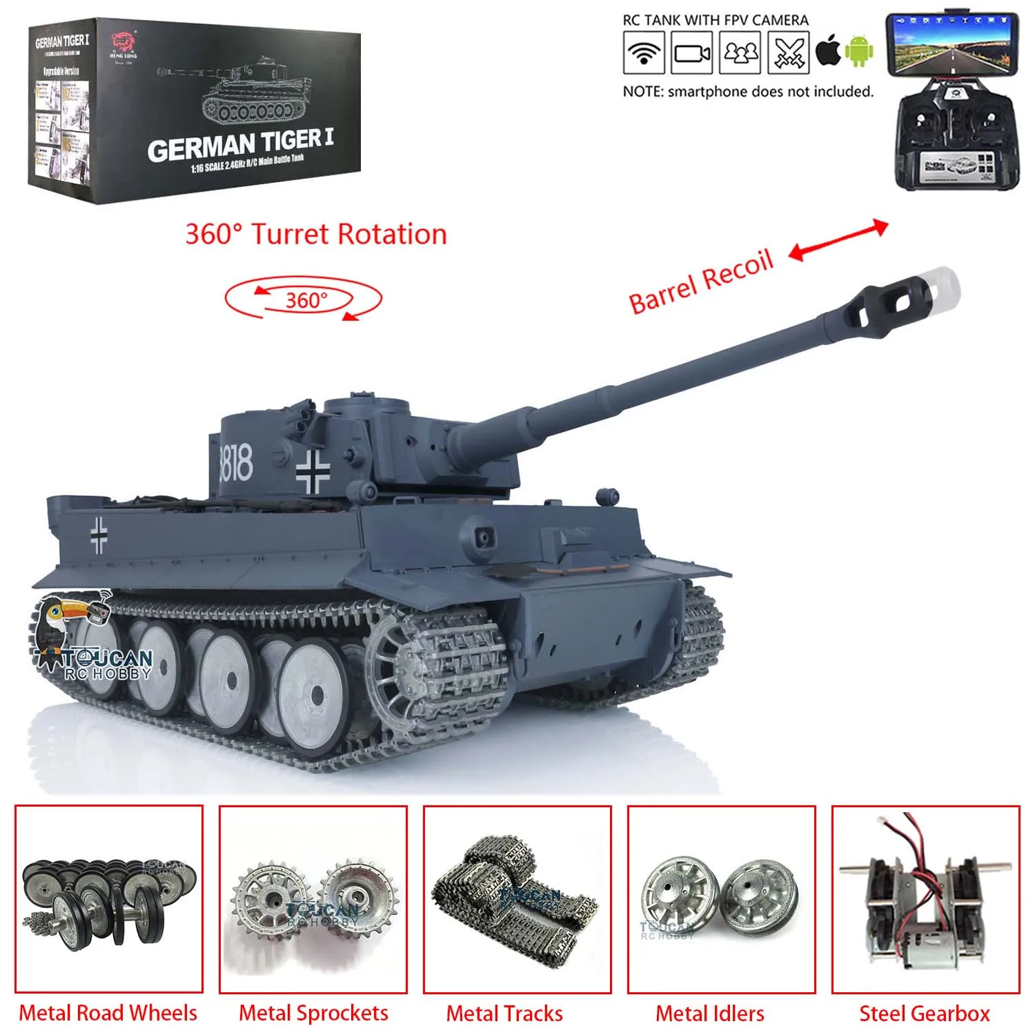 Pro Ver Heng Long TOUCAN 1/16 7.0 Tiger I RC Tank 3818 FPV Camera Barrel Recoil Metal Tracks Wheels Airsoft IR Engine Sound