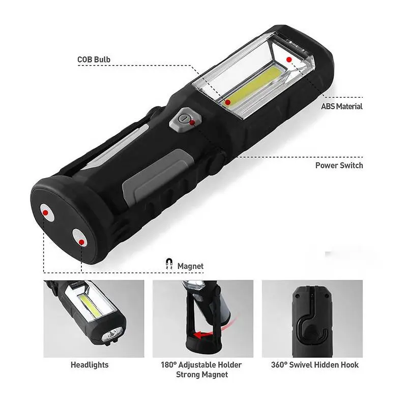 Super bright portable COB+1LED working light Magnets on bottom and back 360 degrees adjustment for Car Repair cob work light