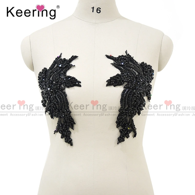 WDP-296 Very High End Lace Popular Jet Black Crystal Bodice Diamond 3D Flower Applique