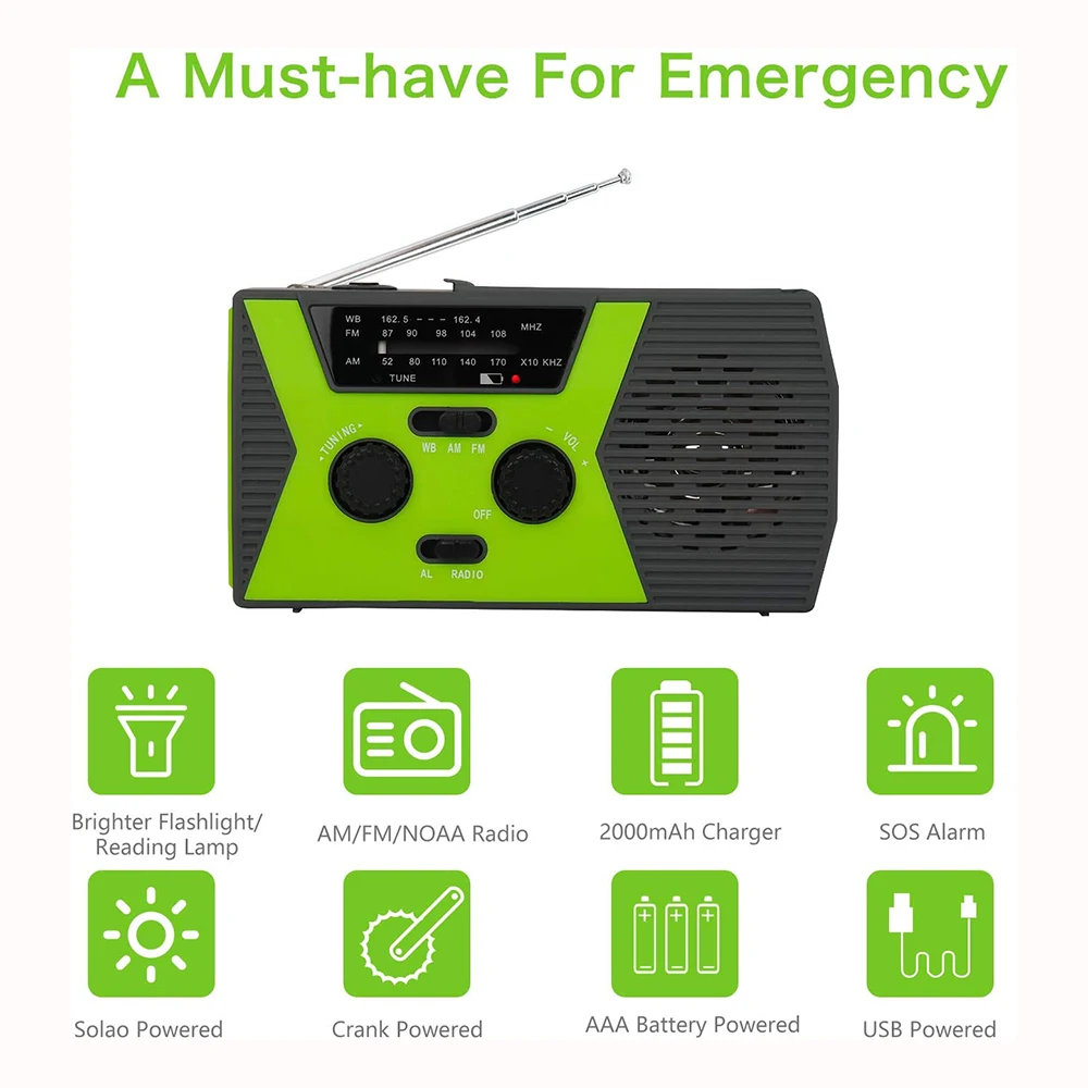 Высококачественный аварийный радиоприемник на солнечной батарее, 2000 мАч, AM/FM/NOAA, Метеорологический радиоприемник с лампой для чтения, Аварийная сигнализация