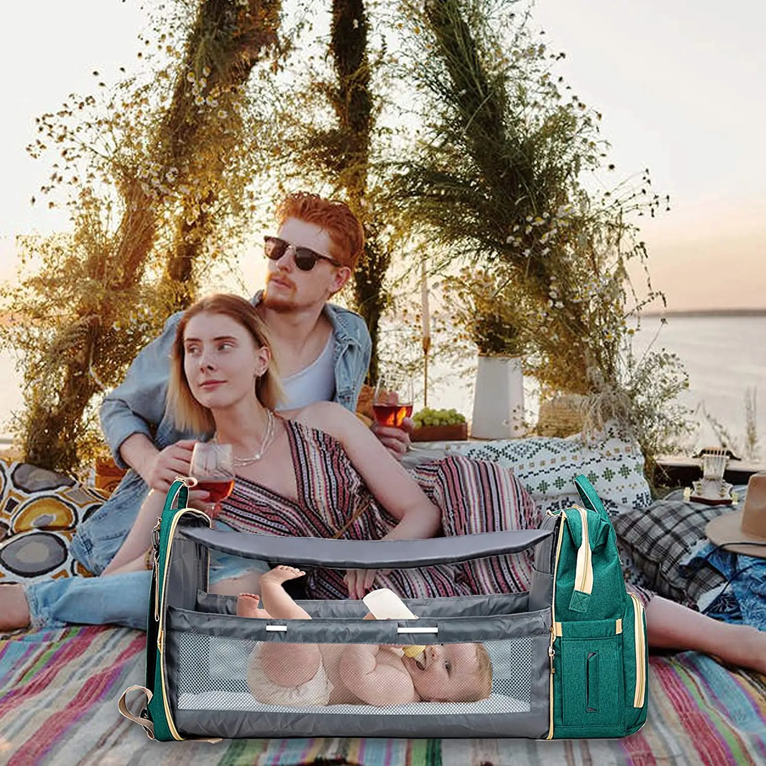 Бесплатный образец, сумка для подгузников с подставкой для пеленок, Портативная сумка для подгузников с Bassinet 3 в 1, дорожная сумка для подгузников для детей