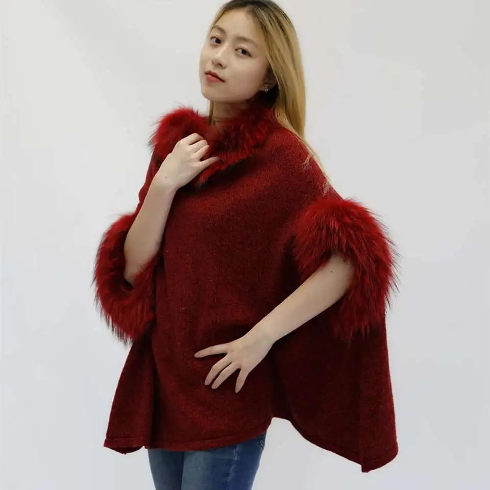 Wholesale Price Autumn Winter Raccoon Fur Ladies Shawls And Poncho Sweater With Fur