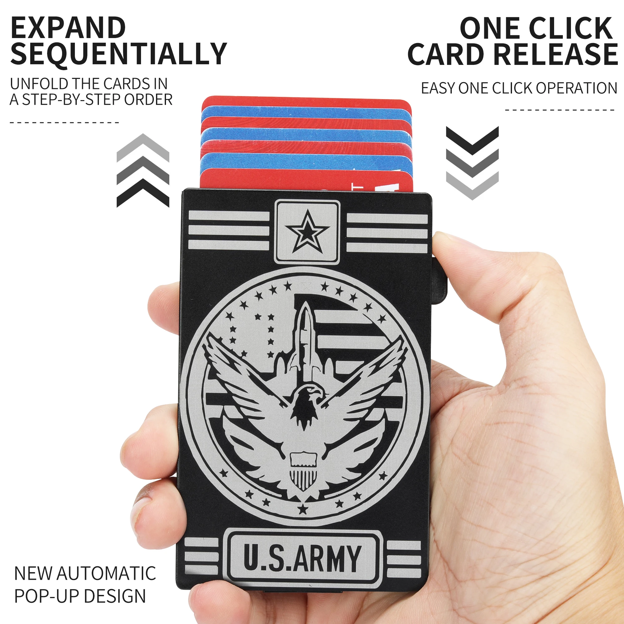 Pattern Custom Leather Pop Up Credit Crad Holder Wallet RFID Blocking Aluminum Card Case With Metal Money Clip