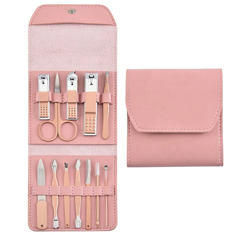 2021 Makeup Tools Custom Logo Folding PU Bag Case Rose Gold 12 pcs Kit Tools Pink Manicure Set