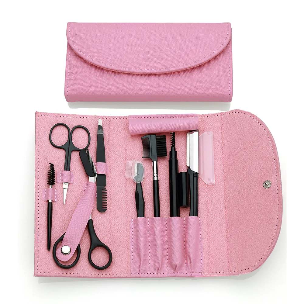 8 Pcs Professional Makeup Beauty Tool Set Eyebrow Grooming Razor Brush Eyebrow Scissors Eyebrow Trimming Kit With Leather Case